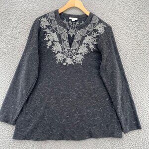 J Jill Top Womens Medium Petite Gray Embroidered Long Sleeve Pullover Stretch